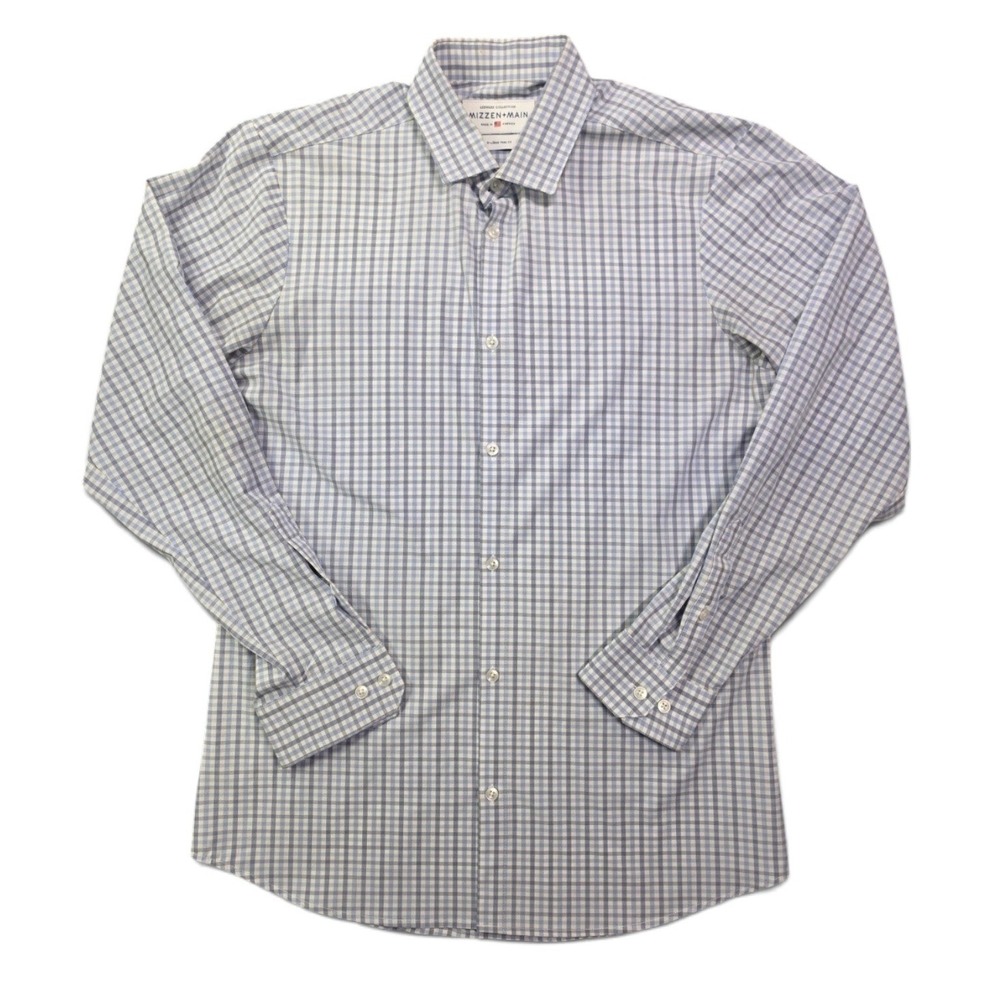 Mizzen+Main Leeward Performance Dress Shirt Blue Check Mens XL Trim Fit
